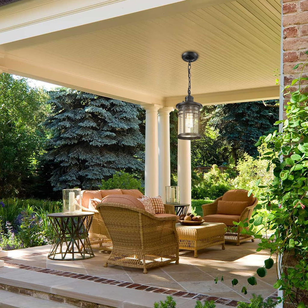 Outdoor Pendant Lights for Porch, Outdoor Chandelier Hanging Porch Lights Ceiling Mount Aluminum with Seeded Glass
