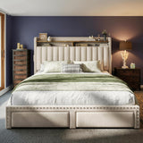 Queen Bed Frame, Upholstered Queen Bed Frame with 2 Storage Drawers and 2-Tier Headboard