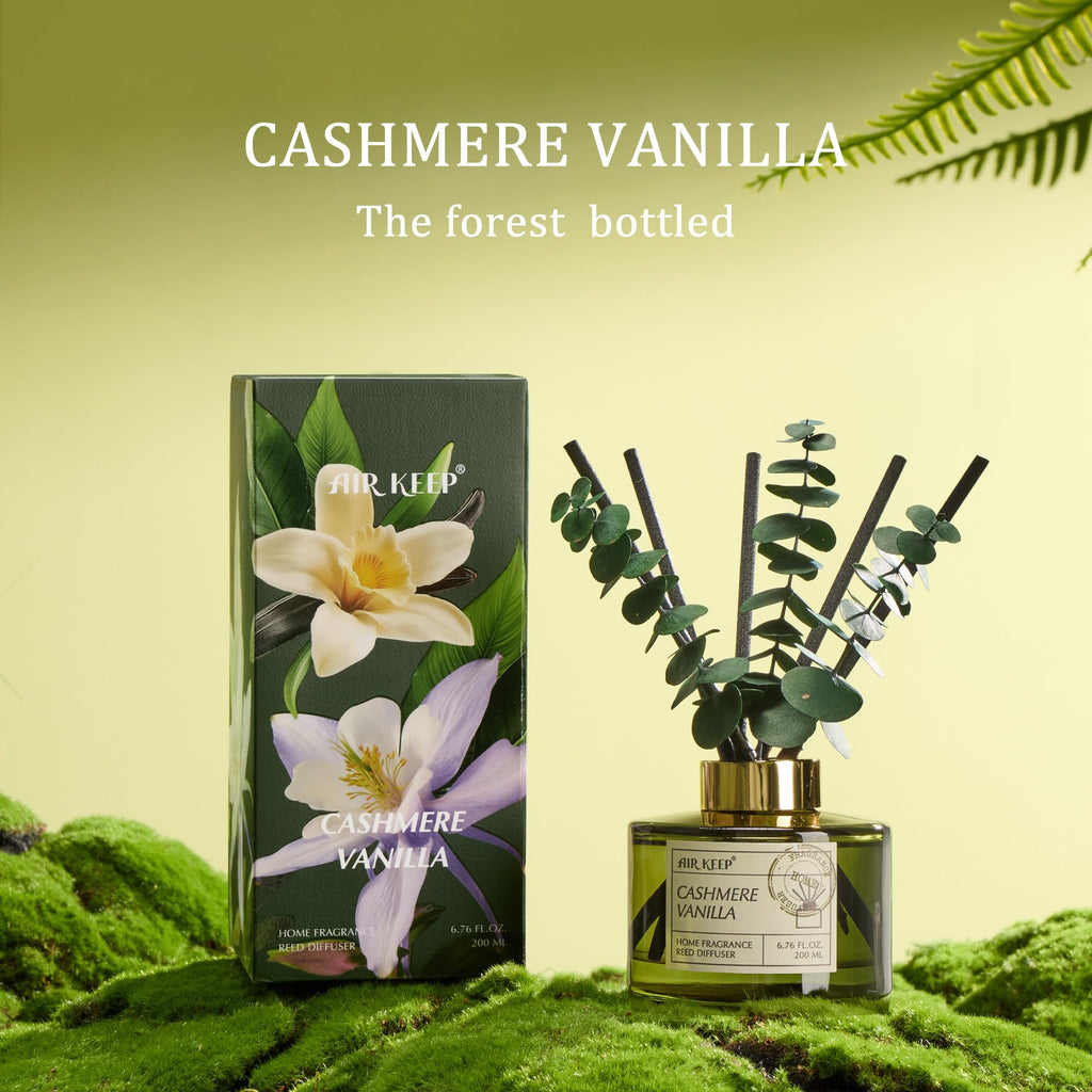 Reed Diffuser Set with 6.76 fl oz Cashmere Vanilla Scent Essential Oils and 3 Leaves & 8 Diffuser Sticks, Bathroom