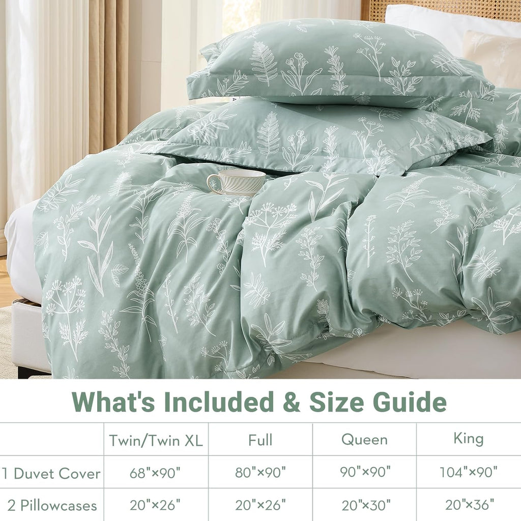 Duvet Cover, Reversible Floral Green Duvet Cover Set with Zipper Closure, 3 Pieces Botanical Patterns Soft
