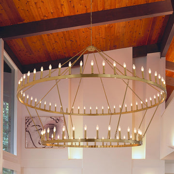 Inspired Camino Style Chandelier - 2-Tier Gold Wagon Wheel Chandelier 98 Inch 88-Lights - Farmhouse Rustic Round Extra Large Chandelier for High Ceilings