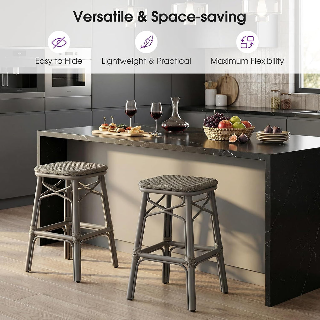 French Counter Height Bar Stool Set of 2 Outdoor Rattan Patio Bar Chairs Aluminum Frame Backless Barstools