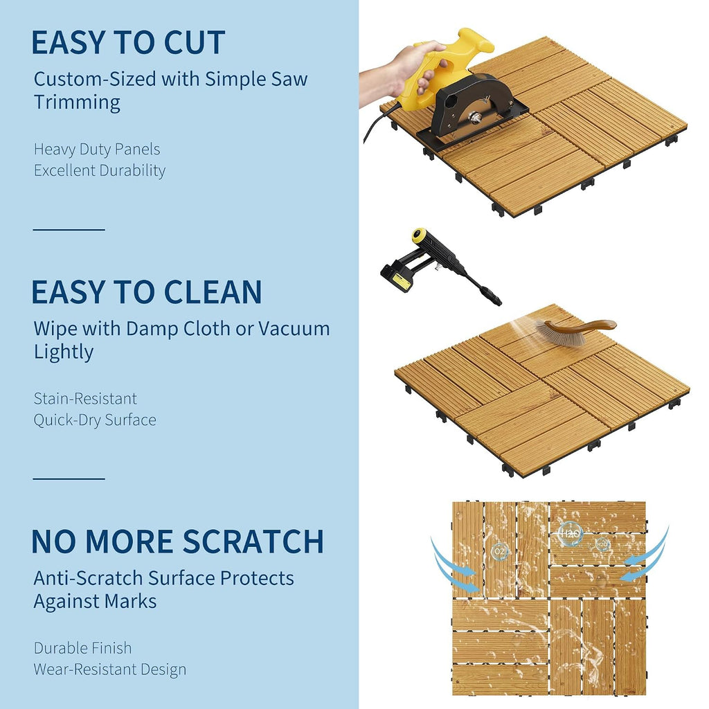 22 PCS Acacia Wood Composite Deck Tiles, 12"X12" Solid Wood Interlocking Flooring for Patio & Balcony, All Weather