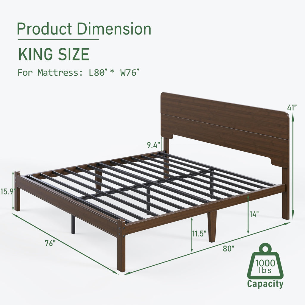 14" King Size Bamboo Wood Platform Bed Frame with Headboard, Walnut