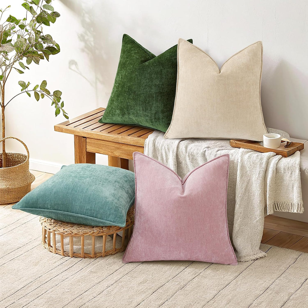 Summer Couch Throw Pillow Covers 18x18 Set of 2, Decorative Soft Velvet Modern Cozy Chenille Pillow Cases with