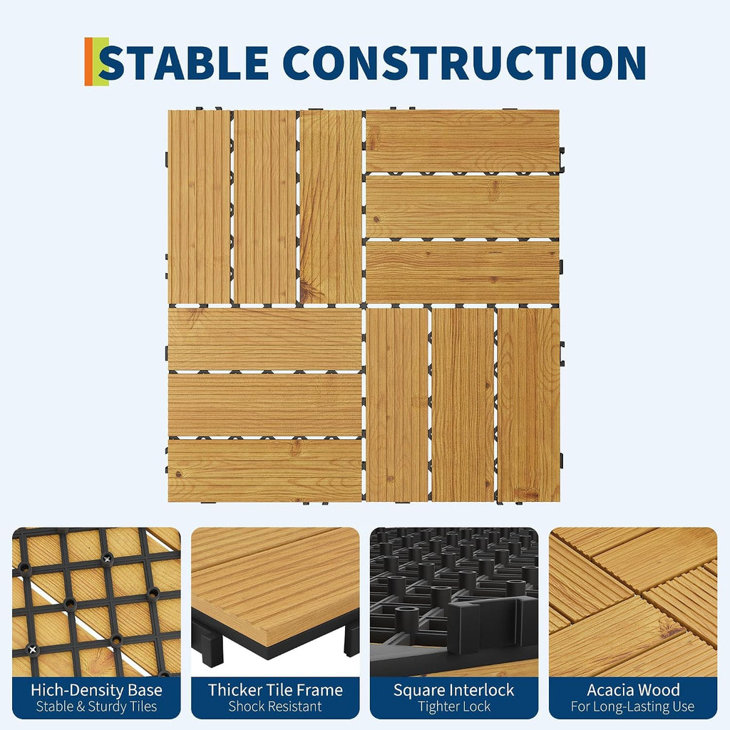 22 PCS Acacia Wood Composite Deck Tiles, 12"X12" Solid Wood Interlocking Flooring for Patio & Balcony, All Weather