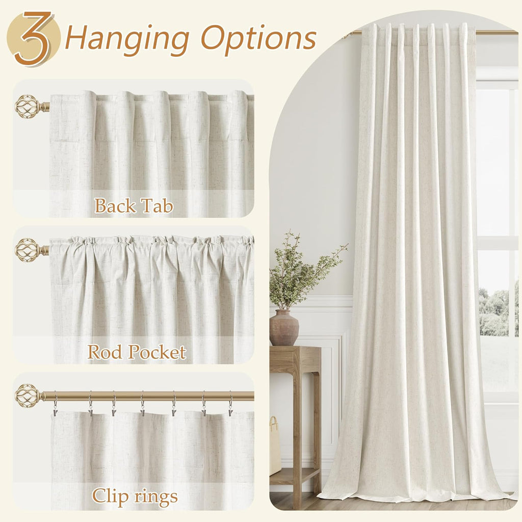 Cream 100% Blackout Linen Curtains Ceiling to Floor 2 Panels for Living Room Bedroom Back Tab