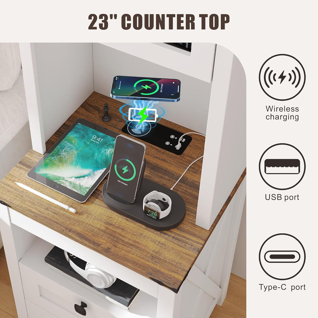 Tall Nightstand with Gun Drawer, LED Lights&Charging Station, Farmhouse | Adjustable Shelves, USB & Type-C Charging