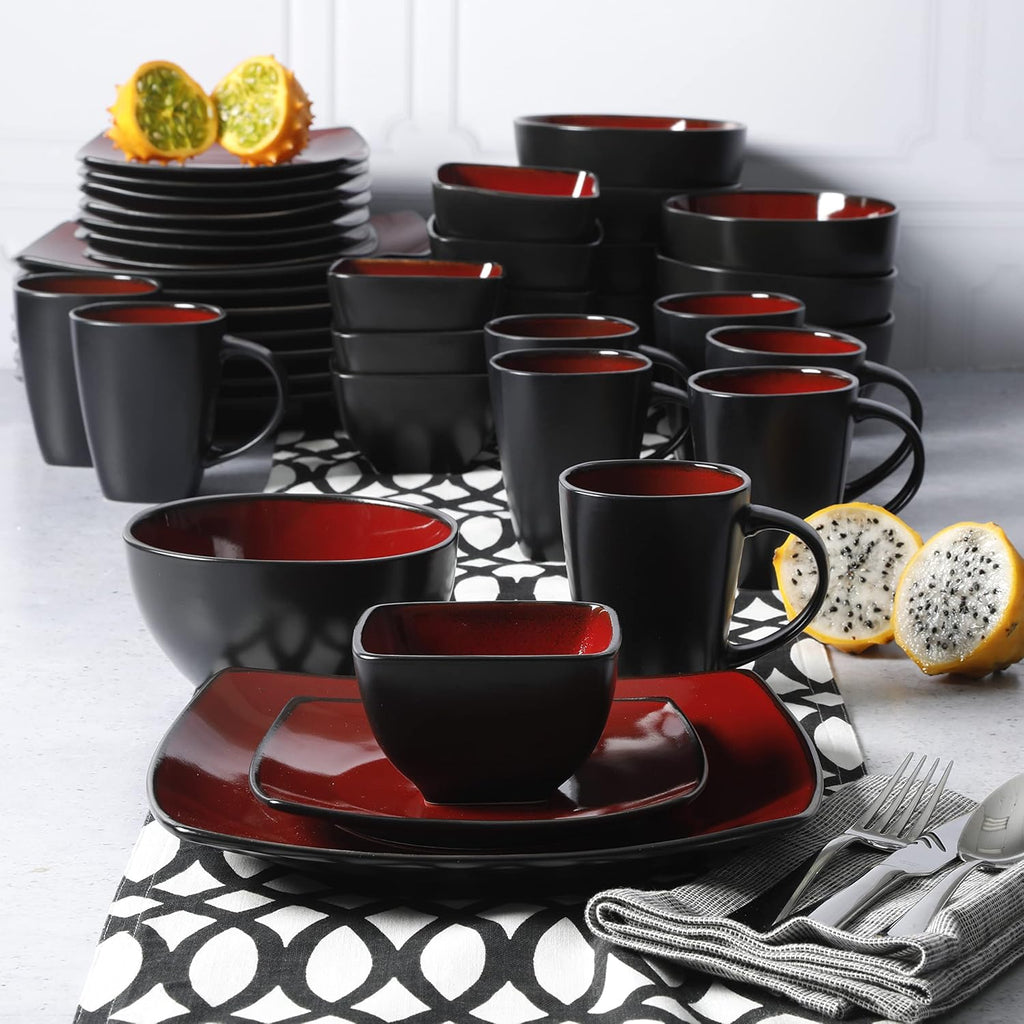 Soho Lounge Square Reactive Glaze Stoneware Dinnerware Set, Service for 8 (40pc), Red/Black