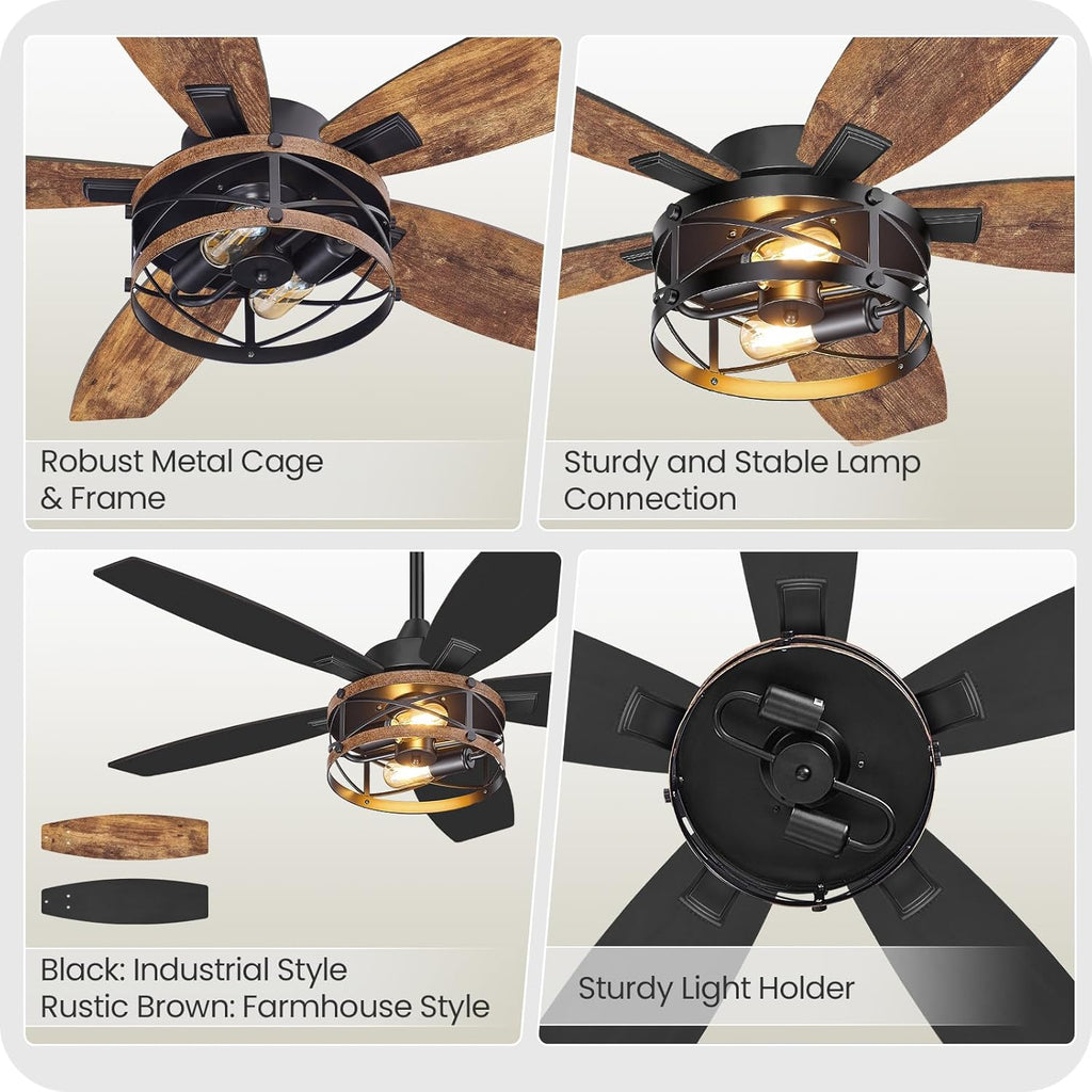 42 Inch Farmhouse Ceiling Fan with Lights and Remote, Timer, Dual Finish 5 Blades (Rustic Brown and Black), 6 Speeds