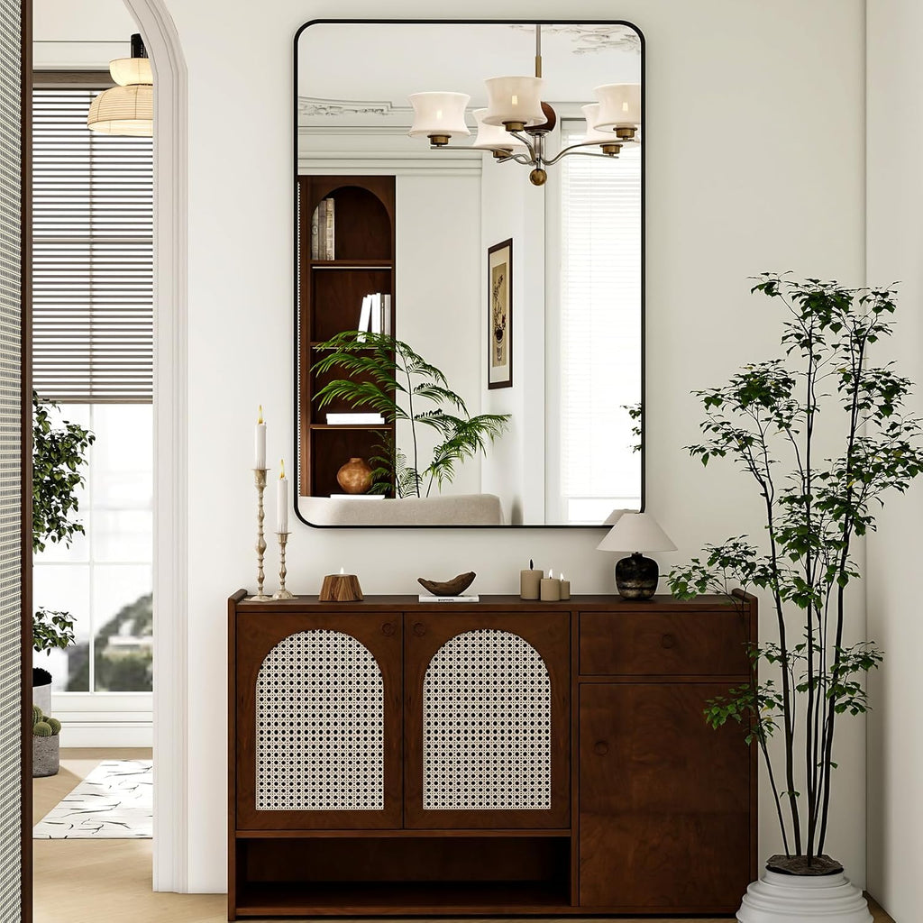 30 x 48 Inch Bathroom Mirror, Rounded Rectangular Vanity Mirror for Wall, Modern Mirror for Room Decor, Black Framed