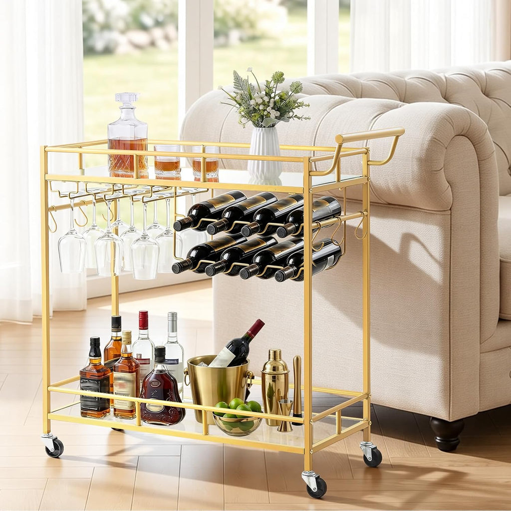 Bar Cart, 2 Tiers Home Kitchen Serving Carts, Modern Rolling Utility Station on Wheels, Drink Beverage Trolley with