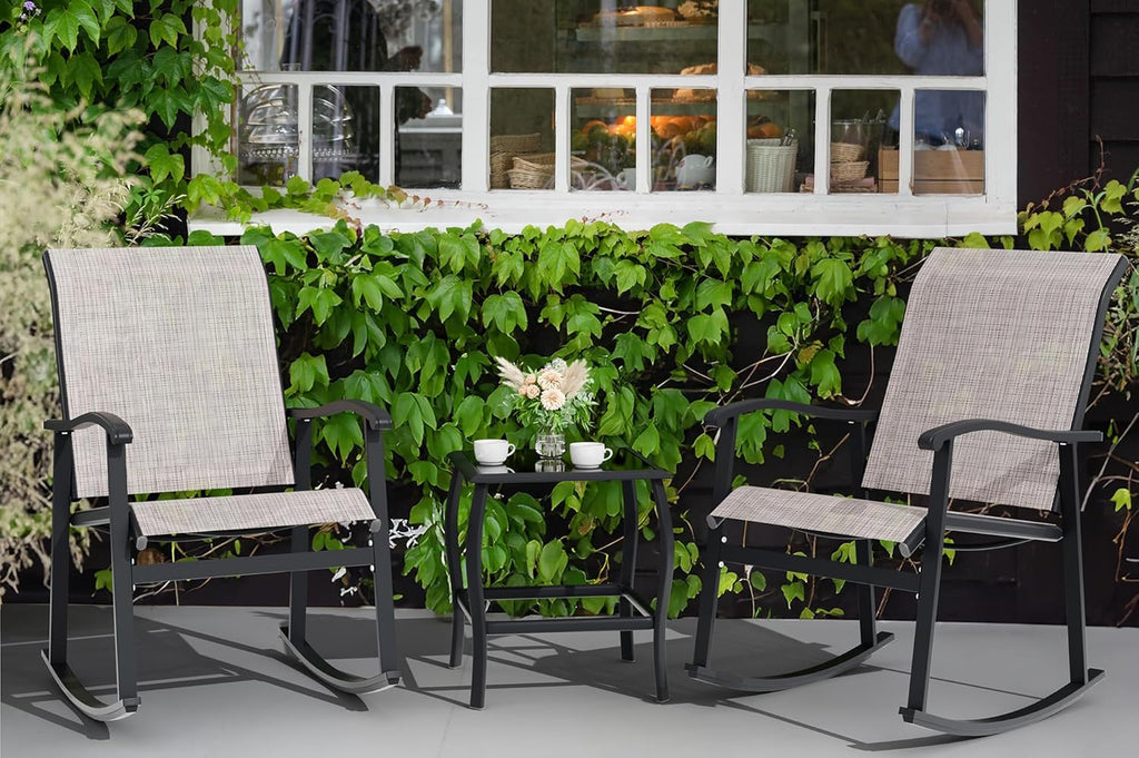 3 Piece Outdoor Rocking Bistro Set, Textilene Fabric Small Patio Furniture Set, Front Porch Rocker Chairs