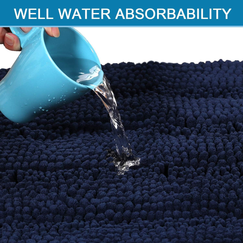 Navy Blue Bathroom Rugs 2 Piece, Bath Mat Set Slip-Resistant Extra Absorbent Soft and Fluffy Striped Chenille Bath
