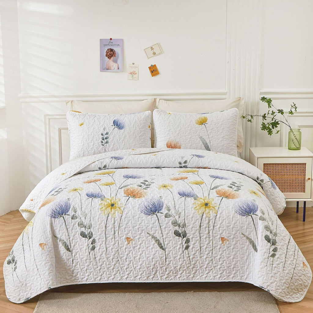 Floral Quilt Set 3 Pieces Blue & Yellow Quilts Bedding Set Bohemian Bedspread Bed Cover Lightweight Spring