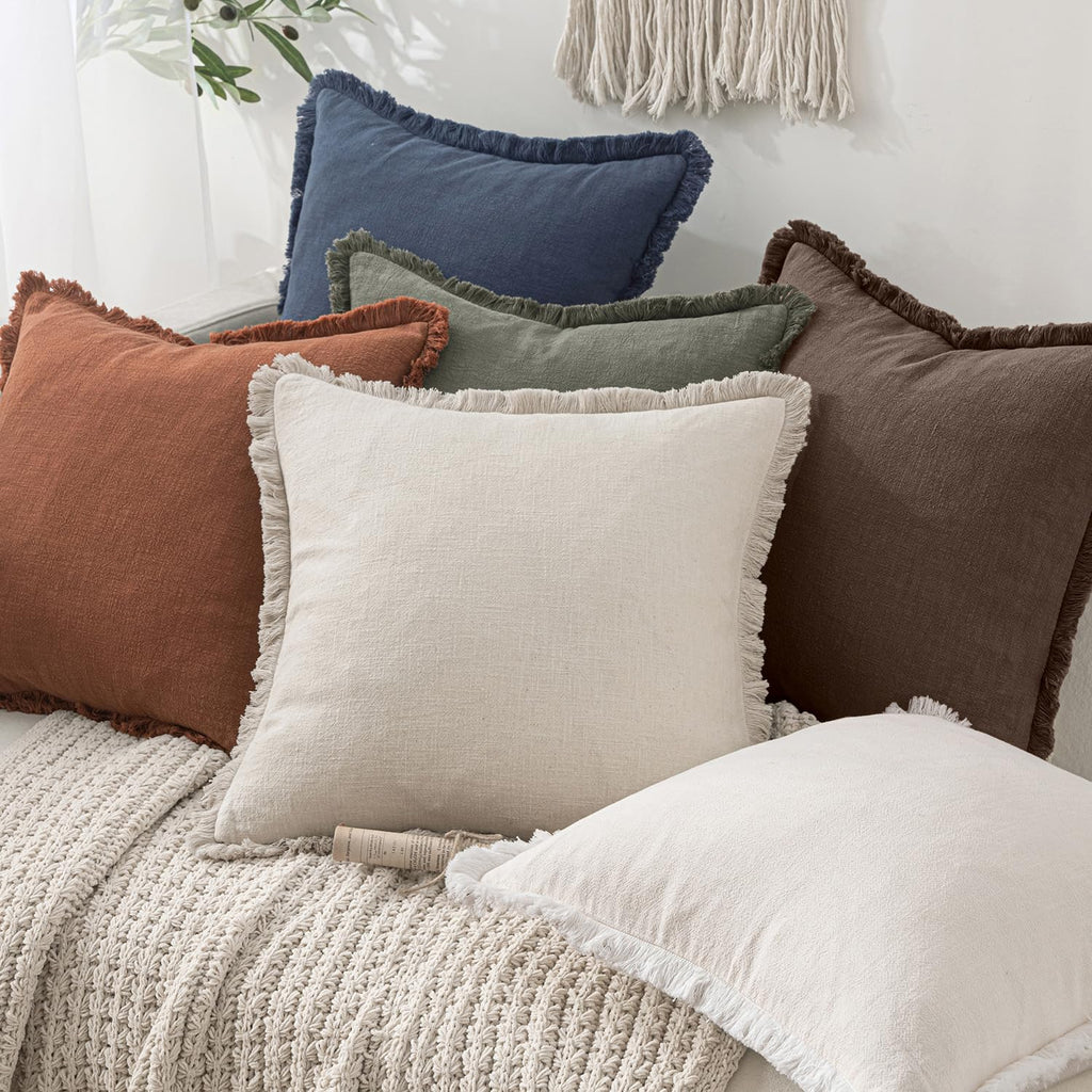 Decorative Lumbar Throw Pillow Covers Neutral Linen Fringe Throw Pillows Set of 2 Reddish Brown Boho Farmhouse