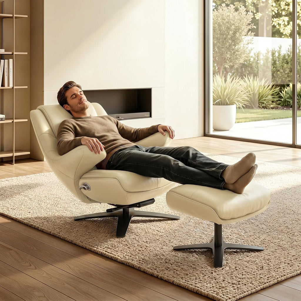 Modern Reclining Swivel Lounge Chair and Ottoman — White Genuine Leather
