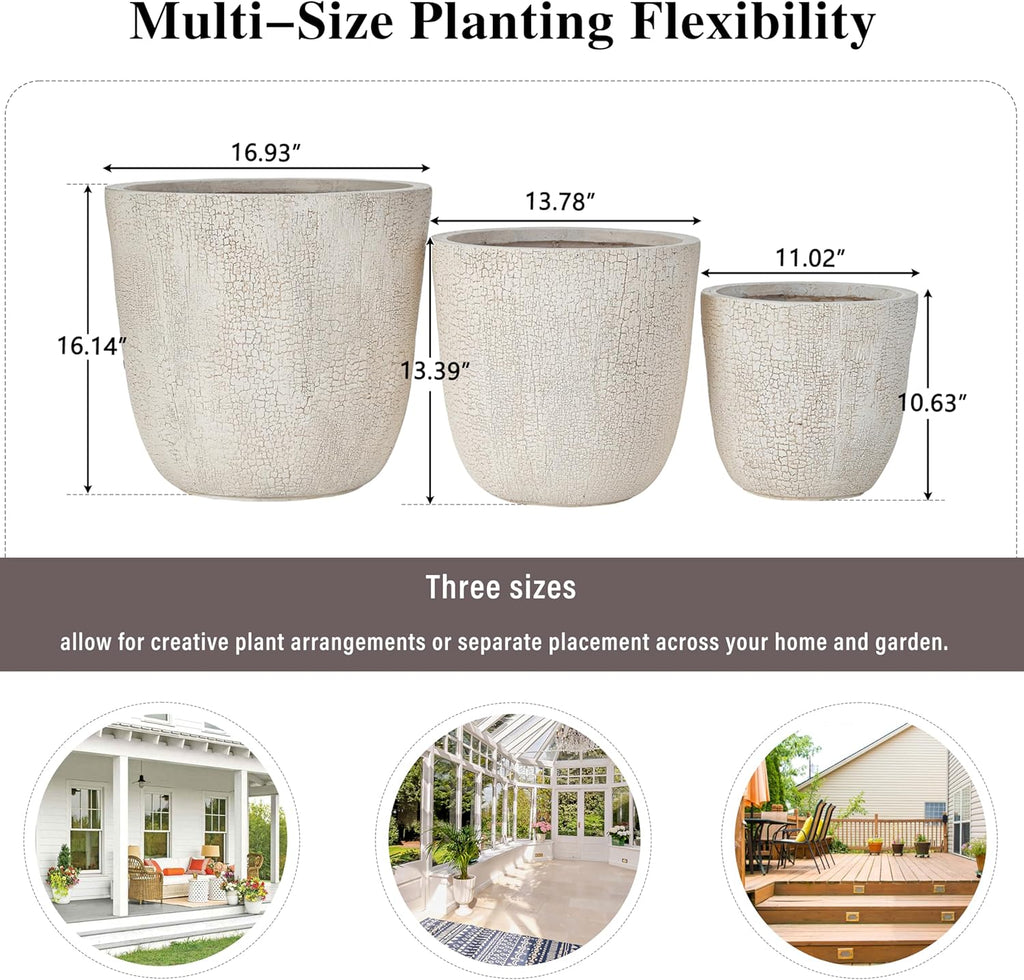 Indoor Outdoor Plant Pots with Drainage Holes and Rubber Plug- Set of 3,Large Lightweight MGO Flower Pots