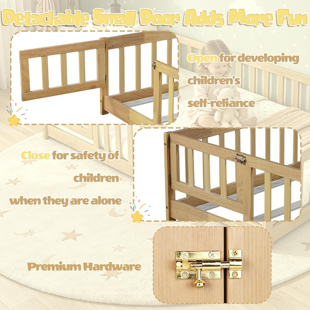Montessori Twin Floor Bed Frame with Fence and Removable Door, Low Profile Twin Size Montessori Bed Frame for Kids