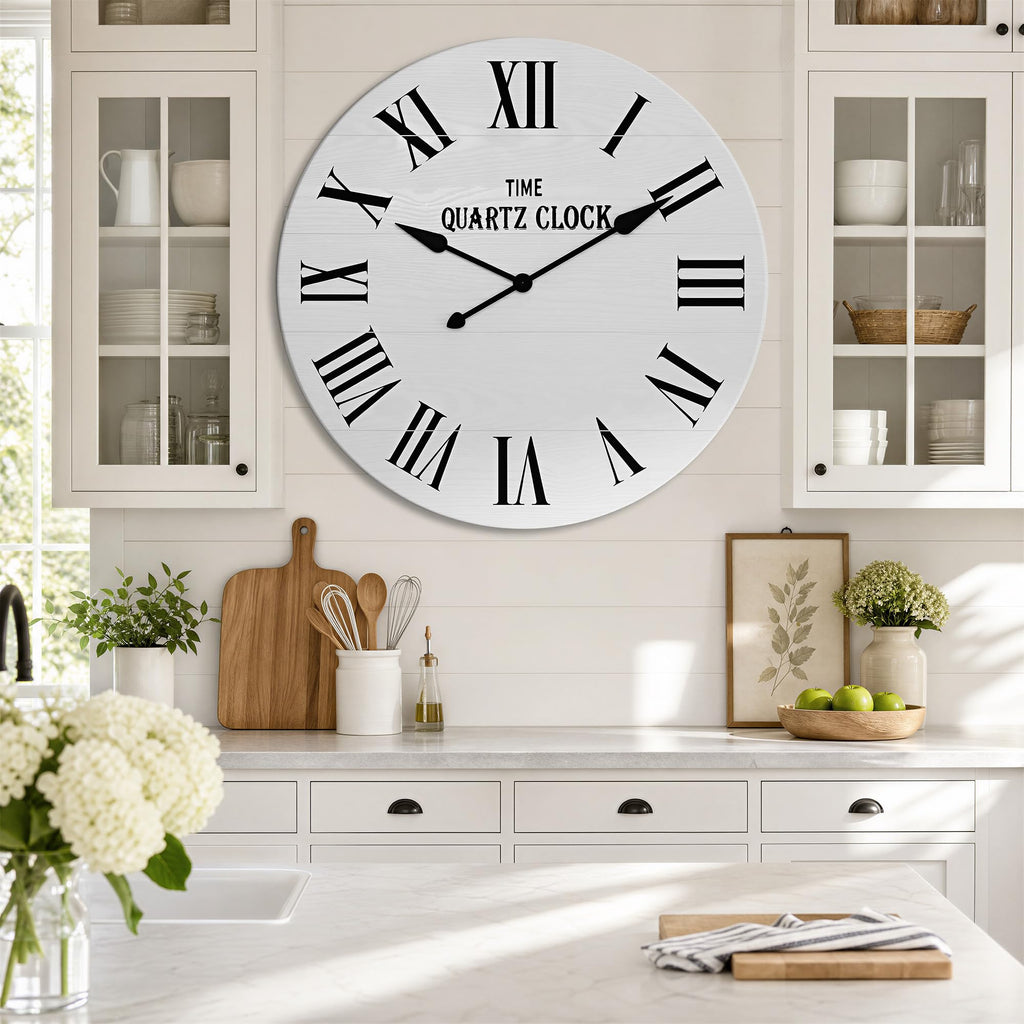 35.5" Extra Large Farmhouse Wall Clock, Solid Wood Veneer, White