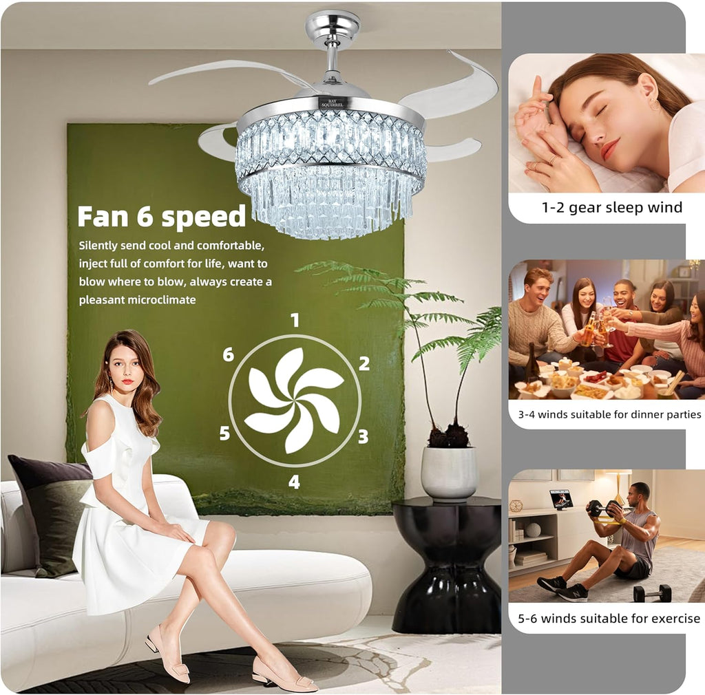 Retractable Crystal Ceiling Fan with Lights, Bluetooth Ceiling Fan with Speaker, 6-Speed Reversible Blades