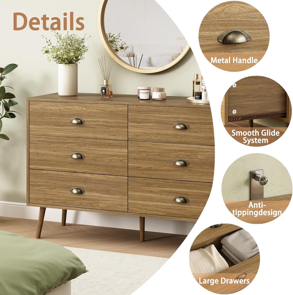 Dresser Wide Mid Century Modern Chest of Drawers,Wooden Bedroom Dresser with 6 Storage Drawers ,Oak