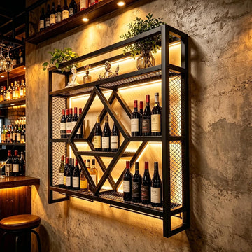 Wall Mounted Wine Rack with LED Light, 39.4in Industrial Metal Wine Bottle Display Shelf with Wine Glass Holder,Large