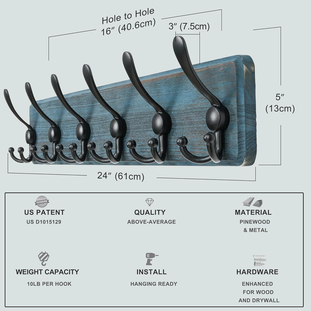 Coat Rack Wall Mounted - 24" Long 6 Tri Hooks, Heavy Duty Wooden Wall Coat Hanger Coat Hook for Clothes Hat Jacket