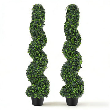 4FT Artificial Boxwood Spiral Topiary Trees Set of 2, UV Resistant Faux Evergreen Topiary Plants in Pots, Outdoor
