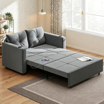 3 in 1 Pull Out Couch, 56 Inch Velvet Sofa Bed, Convertible Sleeper Sofa , Upholstered Loveseat Couch Bed with USB