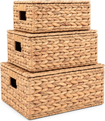 Set of 3 Wicker Baskets with Lid - Woven Storage Basket with Lid - Decorative Storage Boxes and Shelves