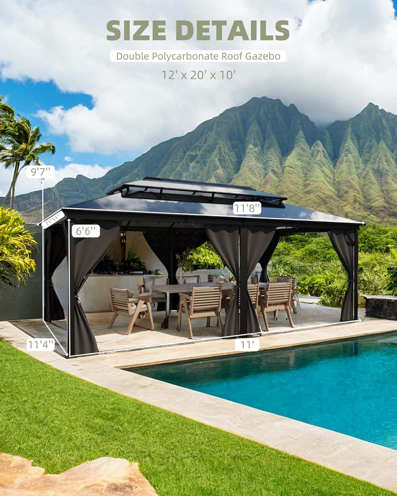 Hardtop Gazebo 12 ft x20 ft for All Weather, Double Polycarbonate Sheets Roof, Aluminum Alloy Frame, Net