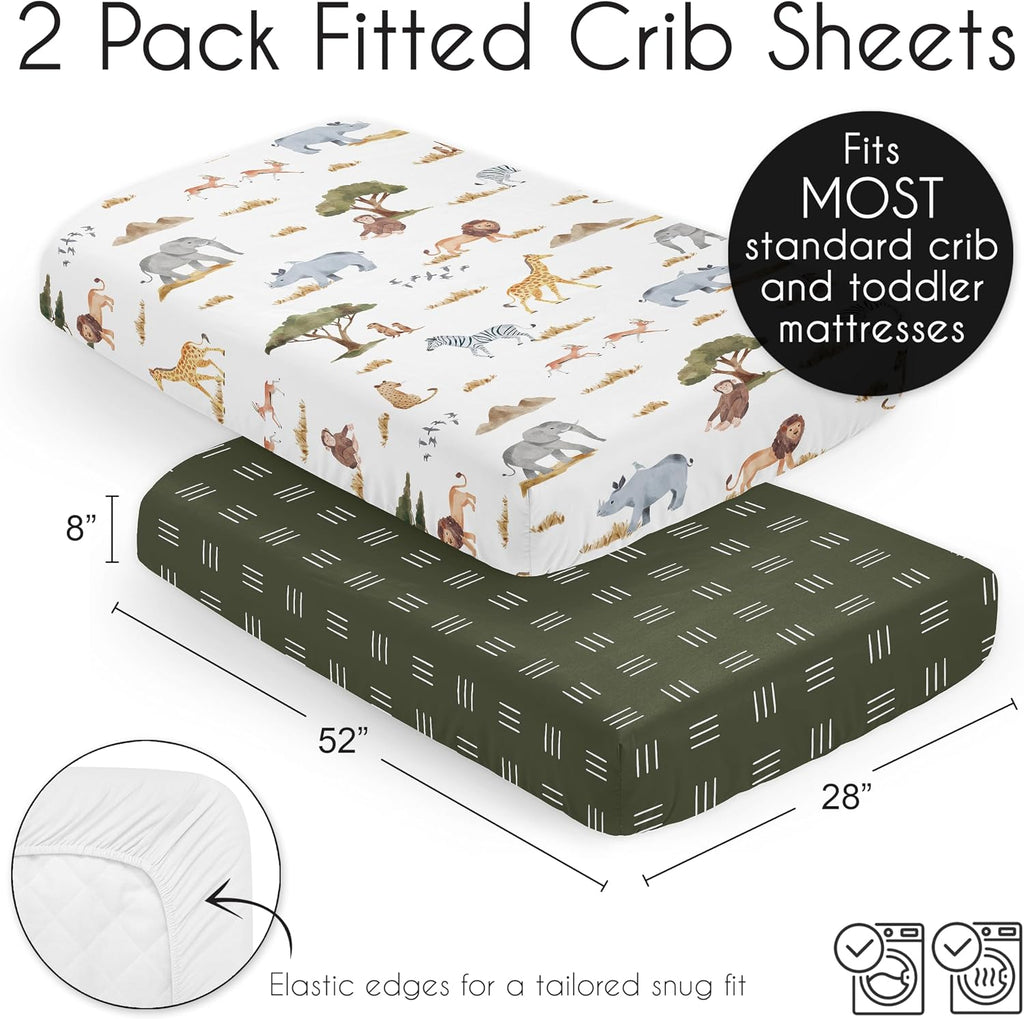 2-Piece Baby Crib Sheets Set (Jungle Safari Animals) for Boys or Girls, Infant Nursery, Toddler Room - Standard Size