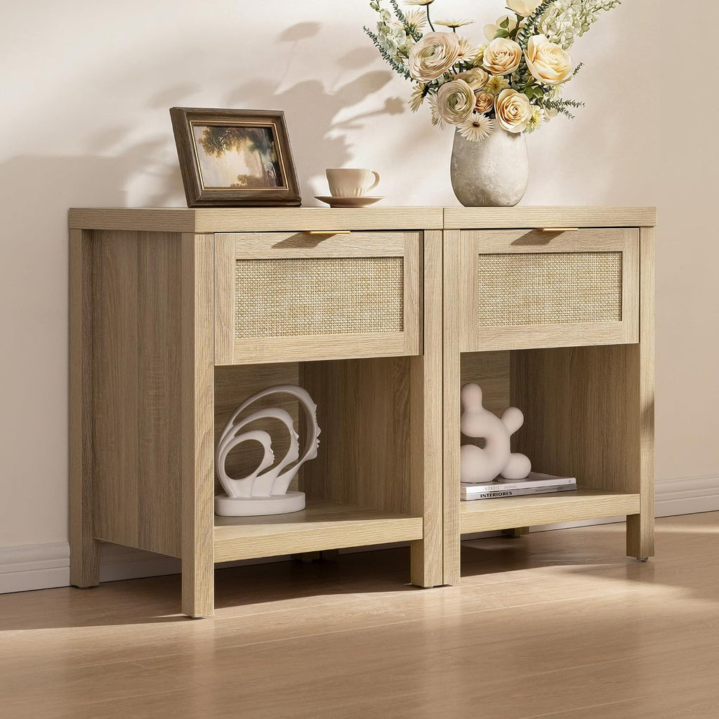 Rattan Nightstands Set of 2, Farmhouse Night Stand Bedside Table with Drawer and Storage Shelf - Boho End Side Table