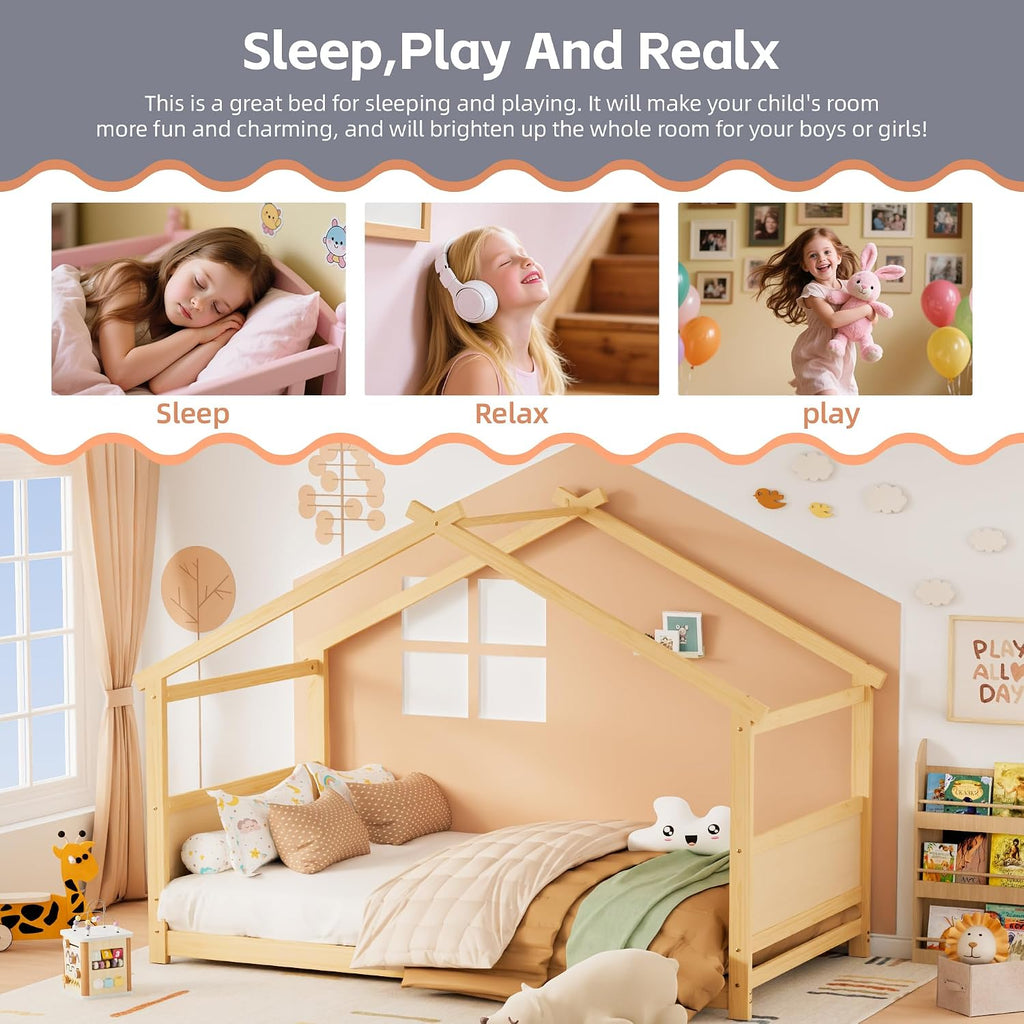 Twin Montessori Floor Bed Frame, Solid Wood Kids House Bed Without Rails, Open Concept Toddler House Bed with