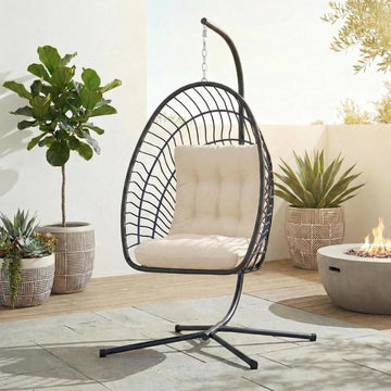 Hanging Egg Chair with Stand Indoor Outdoor, Foldable Rattan Wicker Hammock Egg Swing Chair Porch Patio Garden