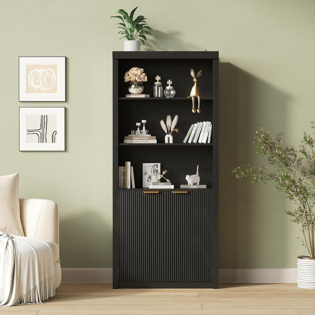 Modern Tall Book Shelf and Bookcase, 31.5"Wide Bookshelf with Doors, Farmhouse Book Case with Adjustable Top Shelf