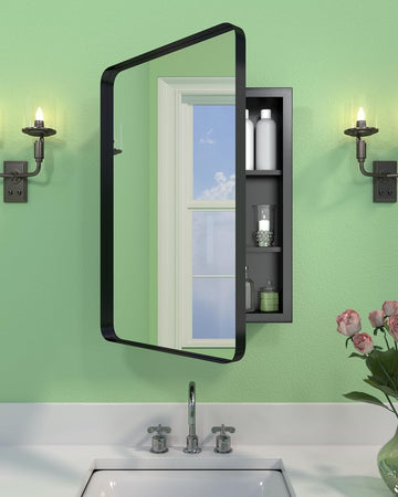 16"x24" Black Medicine Cabinet Mirror , Reversible Installation | Surface & Recessed Mount Medicine Cabinet Mirror