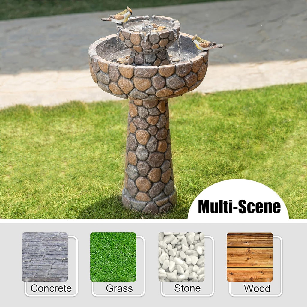 2-Tier Stone Like Outdoor Water Fountain with Birds, Bird Bath Outdoor Waterfall Fountain Decor, Freestanding Water