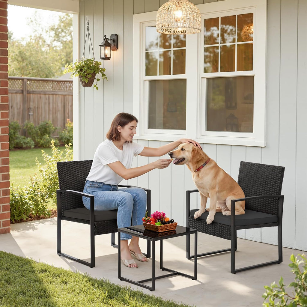 3 Piece Wicker Conversation Bistro Sets Outdoor Patio Set Modern Rattan Chair Furniture Sets with Coffee Table