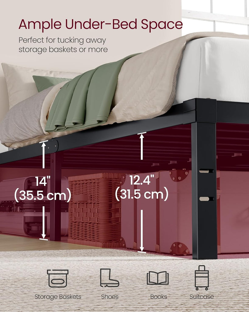 Full Metal Bed Frame 14 Inches Tall, 1100 lb Weight Capacity, No Box Spring Needed, with Under-Bed Storage