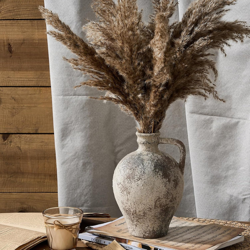 Ceramic Rustic Farmhouse Vase,8.25 inch Terracotta Vase with Handle,Neutral Clay Pot Vases Decorative Vase