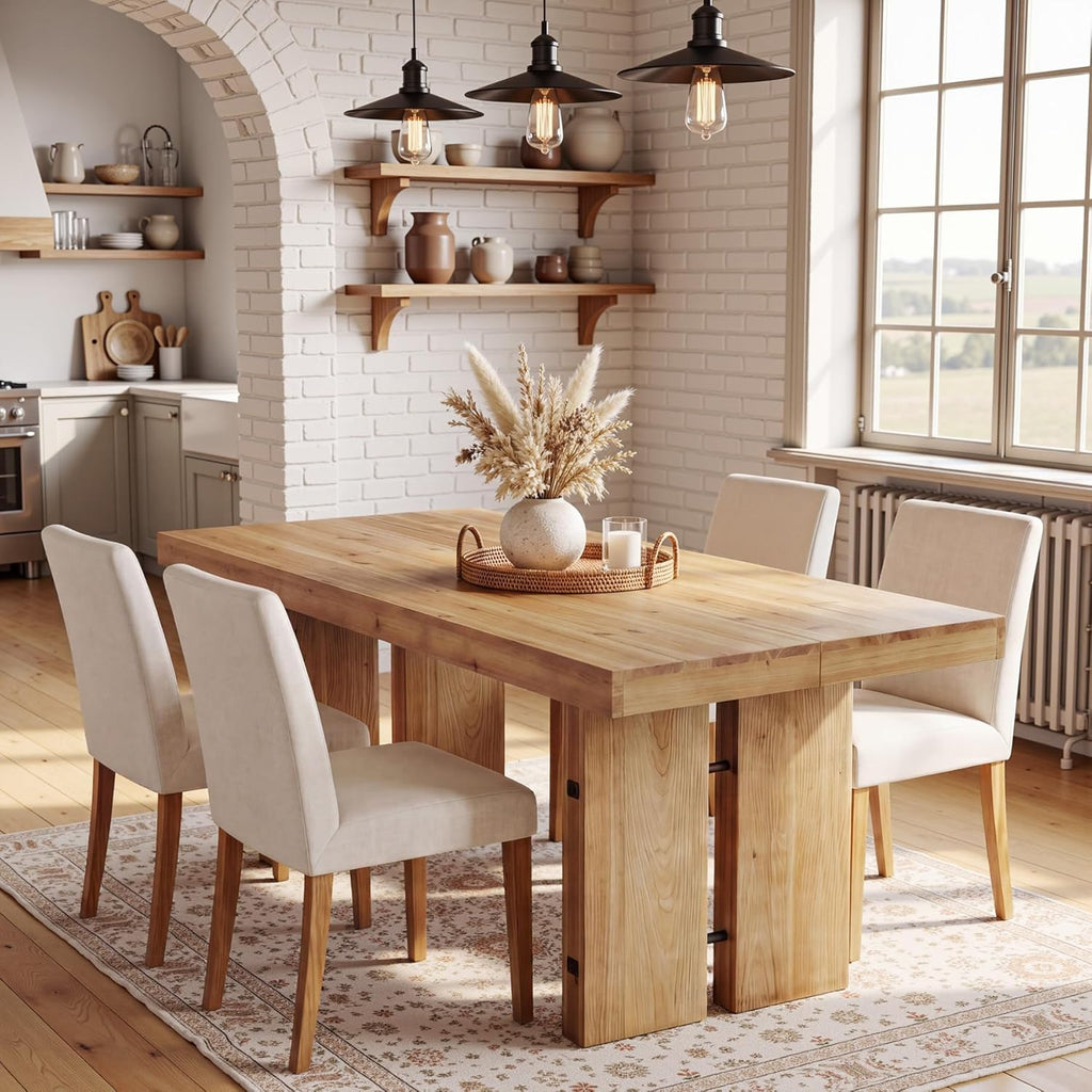 63-Inch Dining Table, Farmhouse Solid Wood Kitchen Table for 6 People, Rectangle Dinner Desks with Pedestal Base for