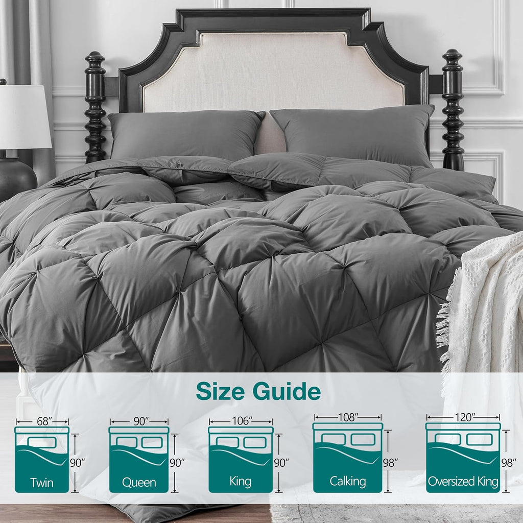 Pinch Pleat Goose Down Feathers Fiber Comforter Full/Queen All Season-Ultra Soft and Cozy Noiseless Duvet Insert with