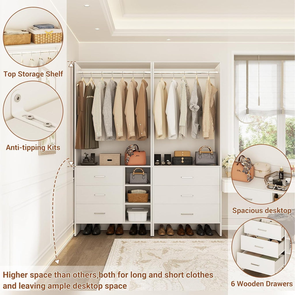 Closet System with 6 Drawers, 4.5ft Wood Closet Organizer System, Walk-in Closet or Small Closets Wardrobe, Clothes