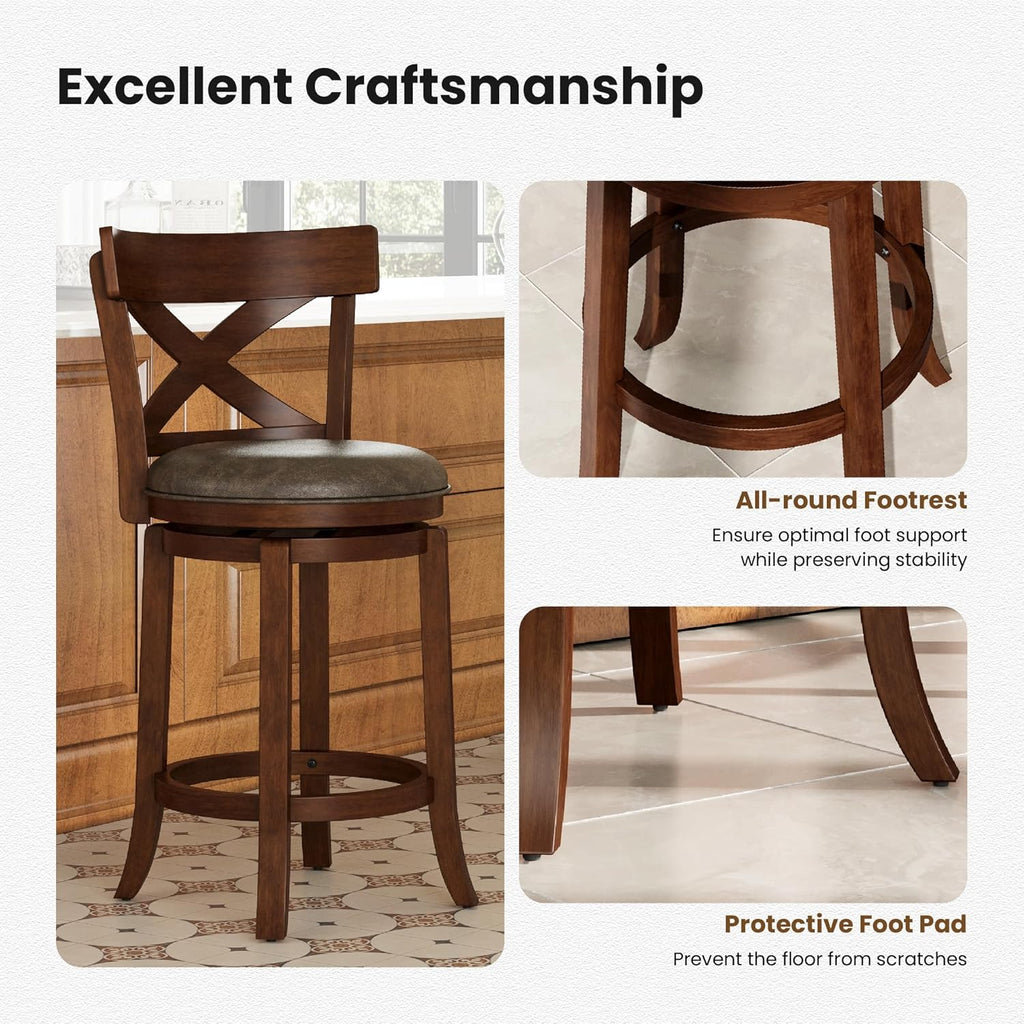26 inch Counter Height Bar Stools Set of 4, Swivel Bar Stools with Back, Wooden Bar Chairs Faux Leather