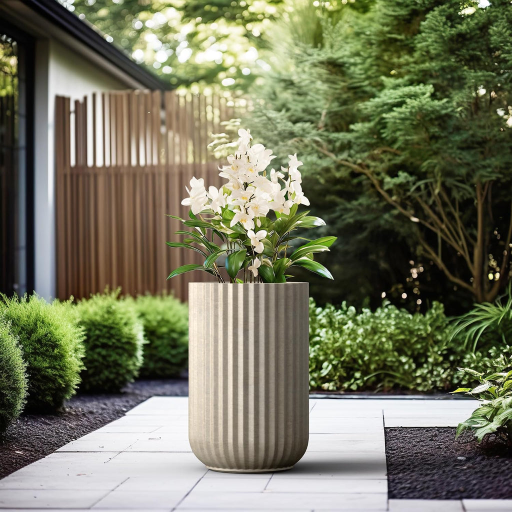 Large Round Column Weathered Concrete Planter 21.7" Tall, Outdoor | Fluted, Rubber Plug for Indoor, Drainage for