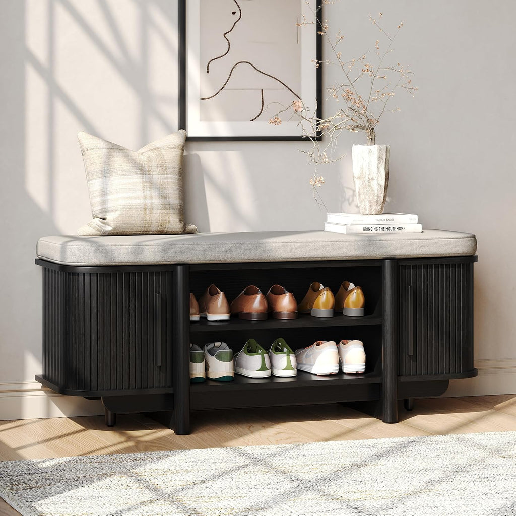 Entryway Shoe Storage Bench with Sliding Doors, 2-Tier Upholstered Shoe Rack Bench with Hidden Storage, Wooden Shoe