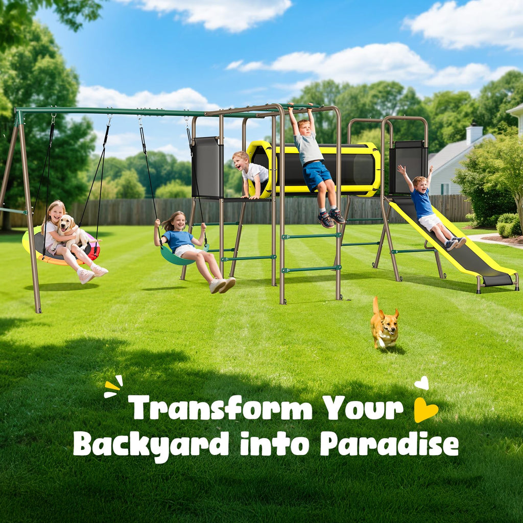 Swing Set with Slide, Crawl Tunnel and Monkey Bars for Backyard