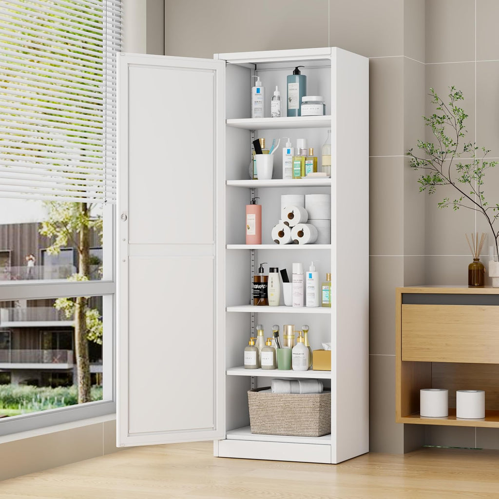 Lockable Tall Pantry Cabinet, Adjustable Shelves, Narrow Storage Cabinet | 1 Lock for Full Cabinet Security, 5
